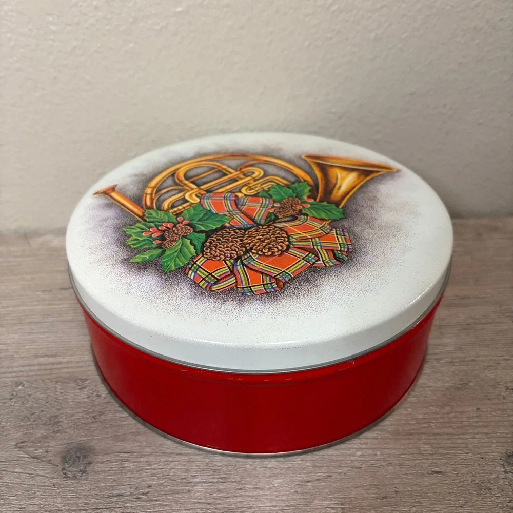 Vintage Holiday Cookie Tins Set of 2 Figis French Horn & Wheelers Snowflake Blue